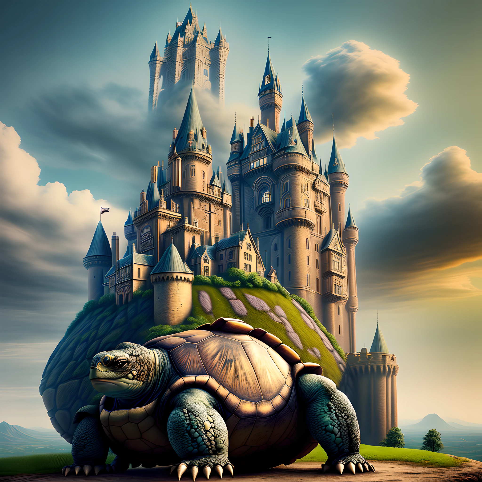 a long shot picture of a steampunk castle built on the back of an epic sized turtle (best details, Masterpiece, best quality: 1.4) rolling hills, s steampunk castle with (turrets: 1.1), (towers:1.1), (bridges:1.2), (barbican:1.1), canons on the walls, a blimp flying by, green rolling hills background, epic sized turtle as the castle base, (castle on the turtle:1.3) huge epic sized turtle carrying the castle, Photorealistic, 16k, RAW, award winning, (best detailed: 1.5), masterpiece, best quality, (ultra detailed), full body, ultra wide shot,