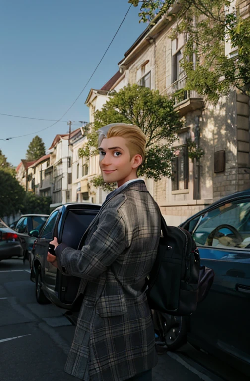 A man with a pattern jacket and a black back pack in his back. The shot is behind His back. He cross arms while looking infront of the shot. He has a small smile only. He has a blond hair with a little bit of color black below.
