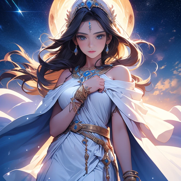 ((Best quality)), ((tmasterpiece)), (the detail:1.4), Goddess in white Greek robe praying to the sky,Cinematic lighting,Extreme color,Super detailed,Milky Way Starry Sky,sacred place