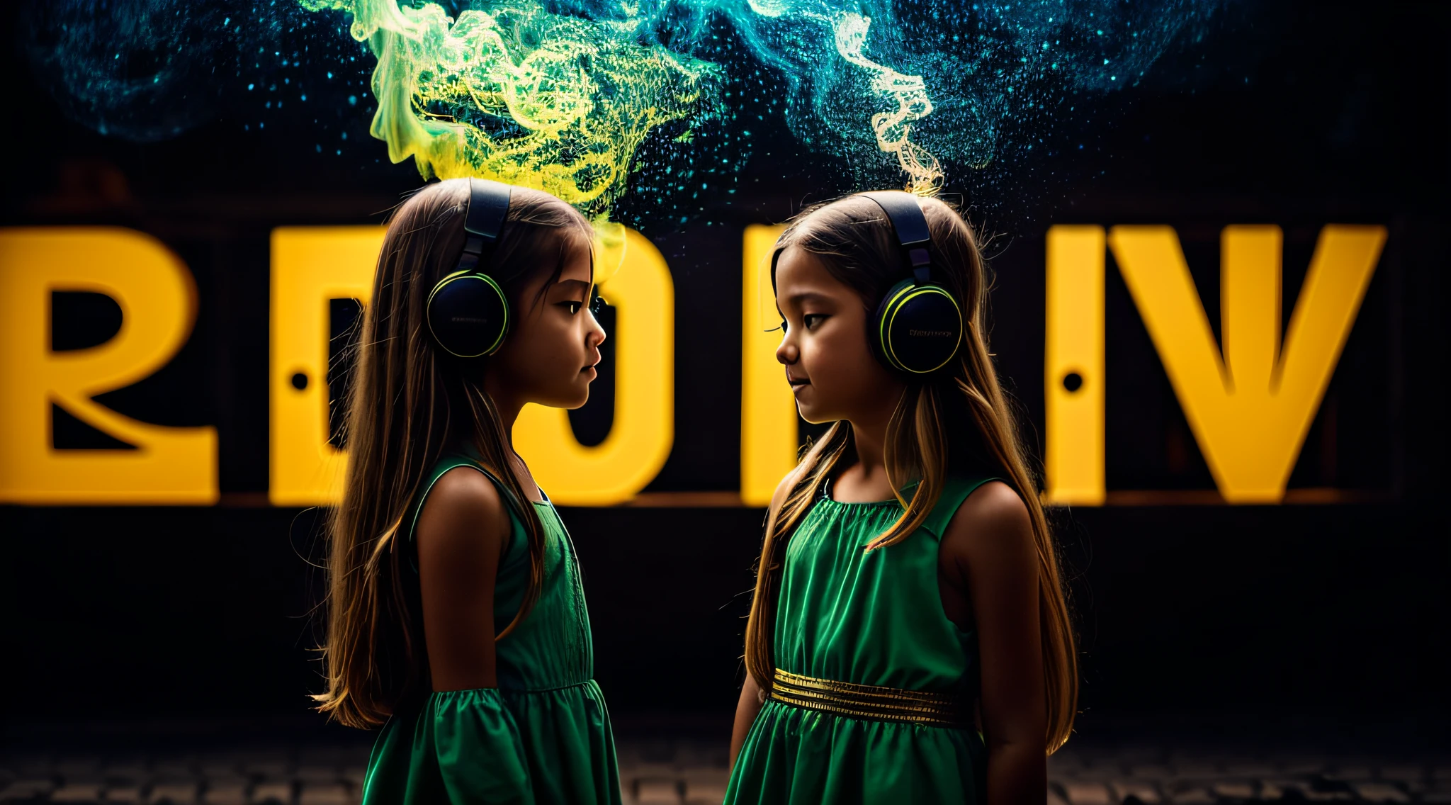 BLACK BACKGROUND AND CROSS, two girls KIDS BLONDE GOLD WITH LONG HAIR HEADPHONE and one wearing BLACK dress,, GREEN Smoke Billowing GREEN, portrait , faixa de cabelo AMARELO,