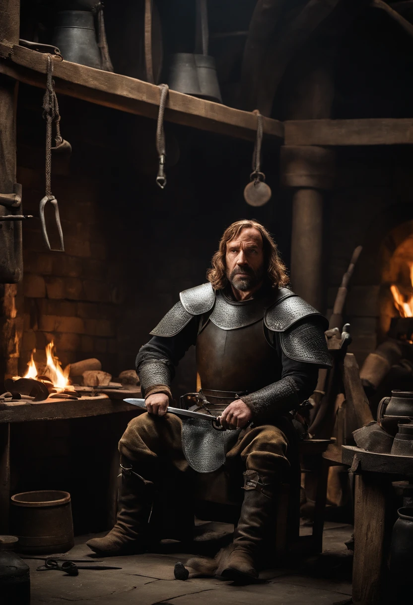 A photo of The Hound sitting at a blacksmith's workshop, crafting a new piece of armor,Game of Thrones,The Hound from Game of Thrones