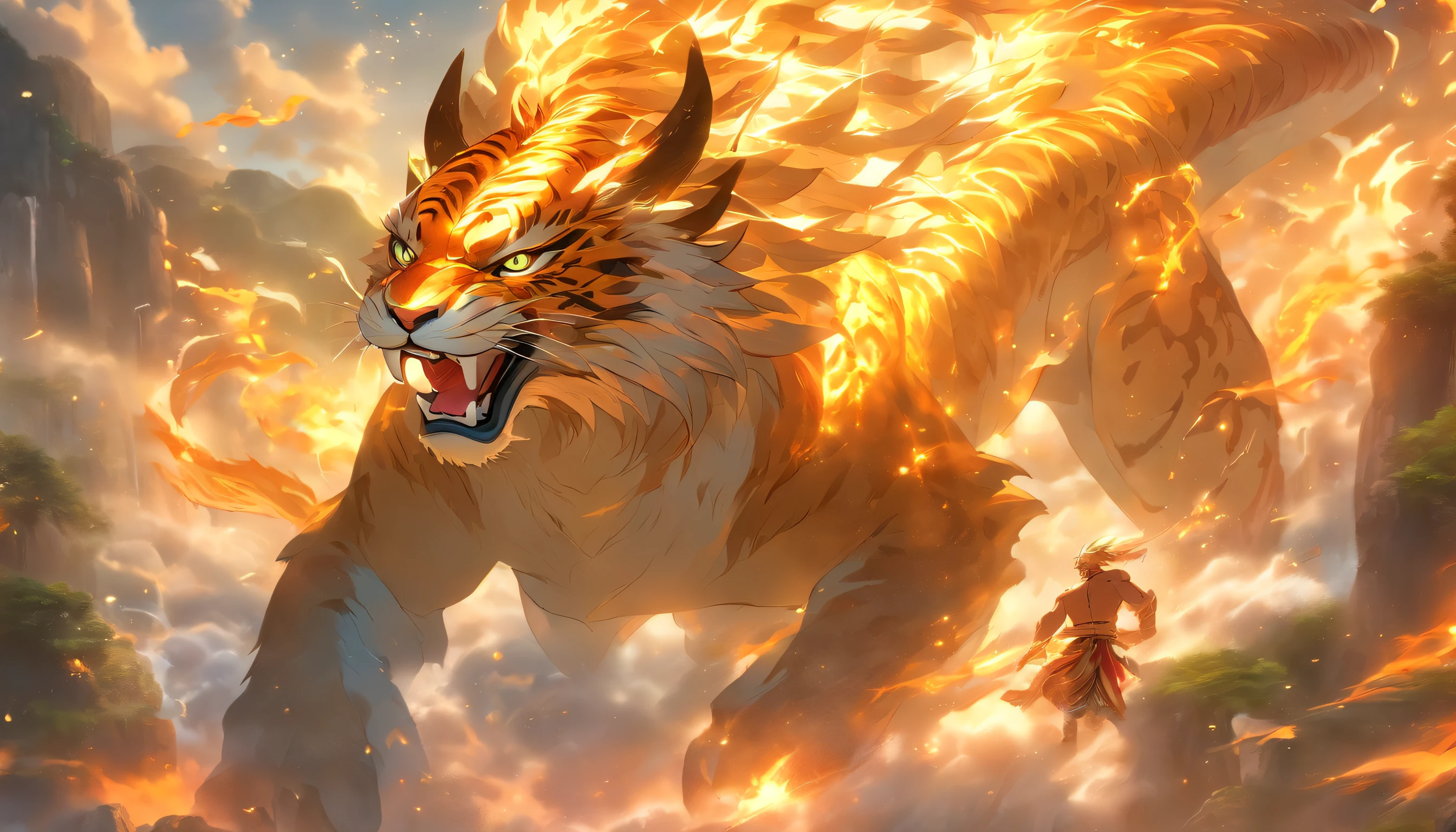 A dragon soaring in the sky, a sacred tiger running on the ground (best quality,4k,8k,highres,masterpiece:1.2),ultra-detailed,(realistic,photorealistic,photo-realistic:1.37), vivid colors, sharp focus, HDR, studio lighting, ultra-fine painting, dragon with intricately detailed scales, majestic wings, and piercing eyes, tiger with powerful muscles, majestic striped fur, and intense gaze, magical atmosphere, dynamic composition, lush green scenery, floating clouds, glowing sun, mystical rays of light, ancient ruins in the background, sense of adventure and mystery, ethereal ambiance, dragon and tiger in a fierce confrontation, displaying strength and power, intense and vibrant colors, epic battle scene, roaring flames and fiery breath, sparkles and magical effects, unprecedented attention to detail, intricate textures and patterns, meticulous brushwork, stunning realism, fine artistic craftsmanship, dramatic lighting and shadows, capturing the essence of mythical creatures, emphasizing their grandeur and majesty, evoking a sense of awe and wonder, masterful depiction of movement and energy, fusion of fantasy and reality, blending traditional and modern art styles, showcasing the beauty and power of nature and wildlife, conveying a sense of harmony and balance.