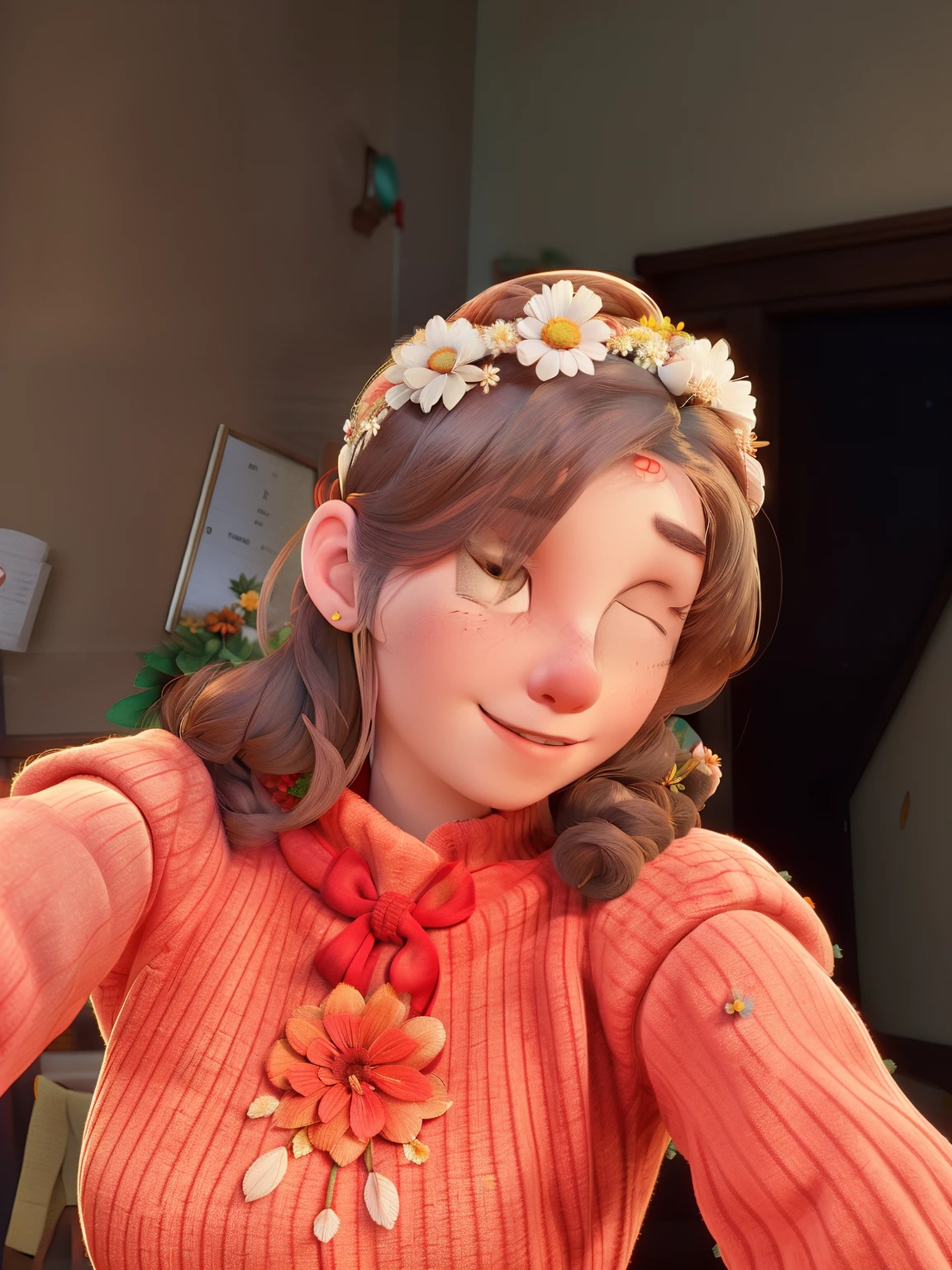 arafed woman in a red sweater taking a selfie with a camera, giant white daisy flower on head, flower crown, she has a crown of dried flowers, wearing a floral crown, wearing a flower headpiece, the flower crown, wearing a headband, she has a crown of flowers, floral crown, wearing a light grey crown, wearing a paper crown, with flowers