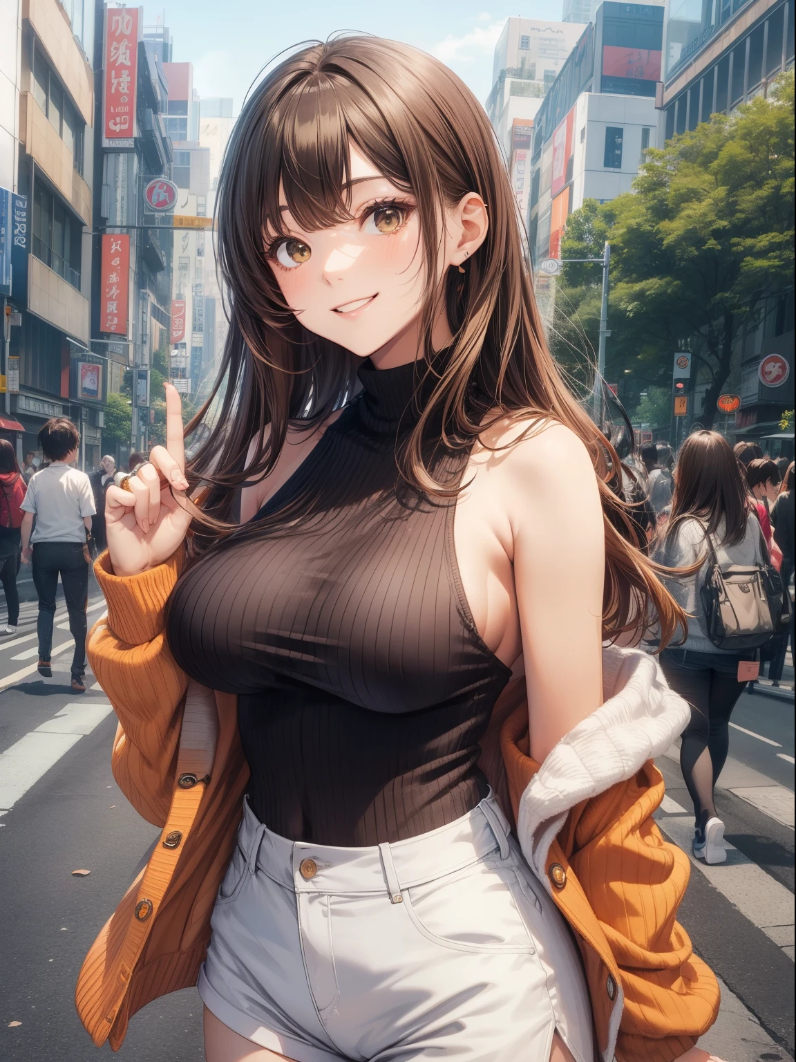top-quality、Full limbs、complete fingers、one beautiful women、Beautiful busty woman、Women with straight hair、brown haired woman、Orange high neck sleeveless knit top、White shorts、Black pantyhose、A big smile、Street Trees、Shibuya