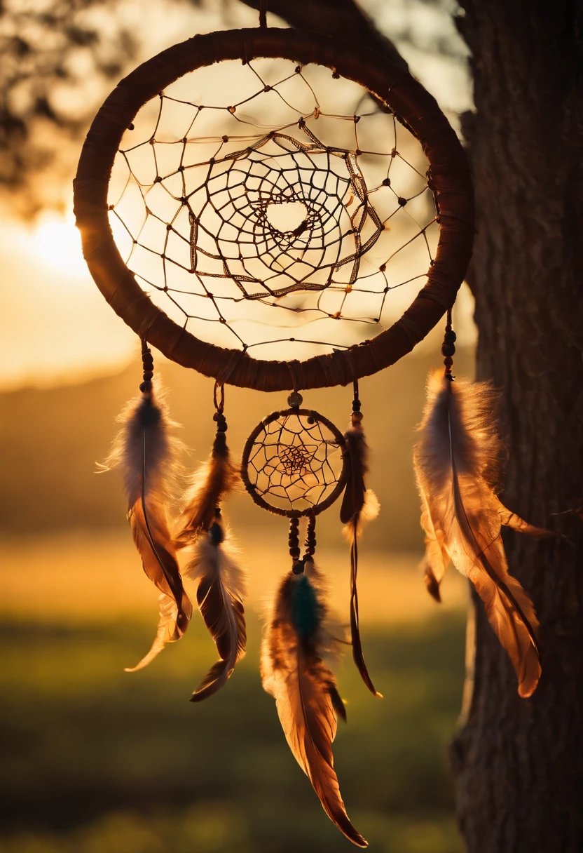 A photo of a unique, handmade dreamcatcher hanging in the sunlight,original,Man