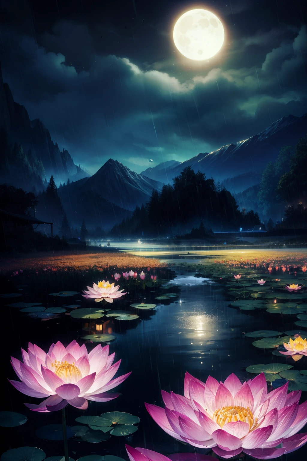 natta, Only moonlight illuminates, Meniscus, mountain in the distance, Beautiful big lotus nearby, Big red lotus, There is running water next to it, frogs, Summer is full of joy, The crescent moon and stars in the sky are mixed together, amazing wallpapers, raining night, rainy night, Beautiful and beautiful, cinematic ligh, high detal ((heavy rain poured))), 8K