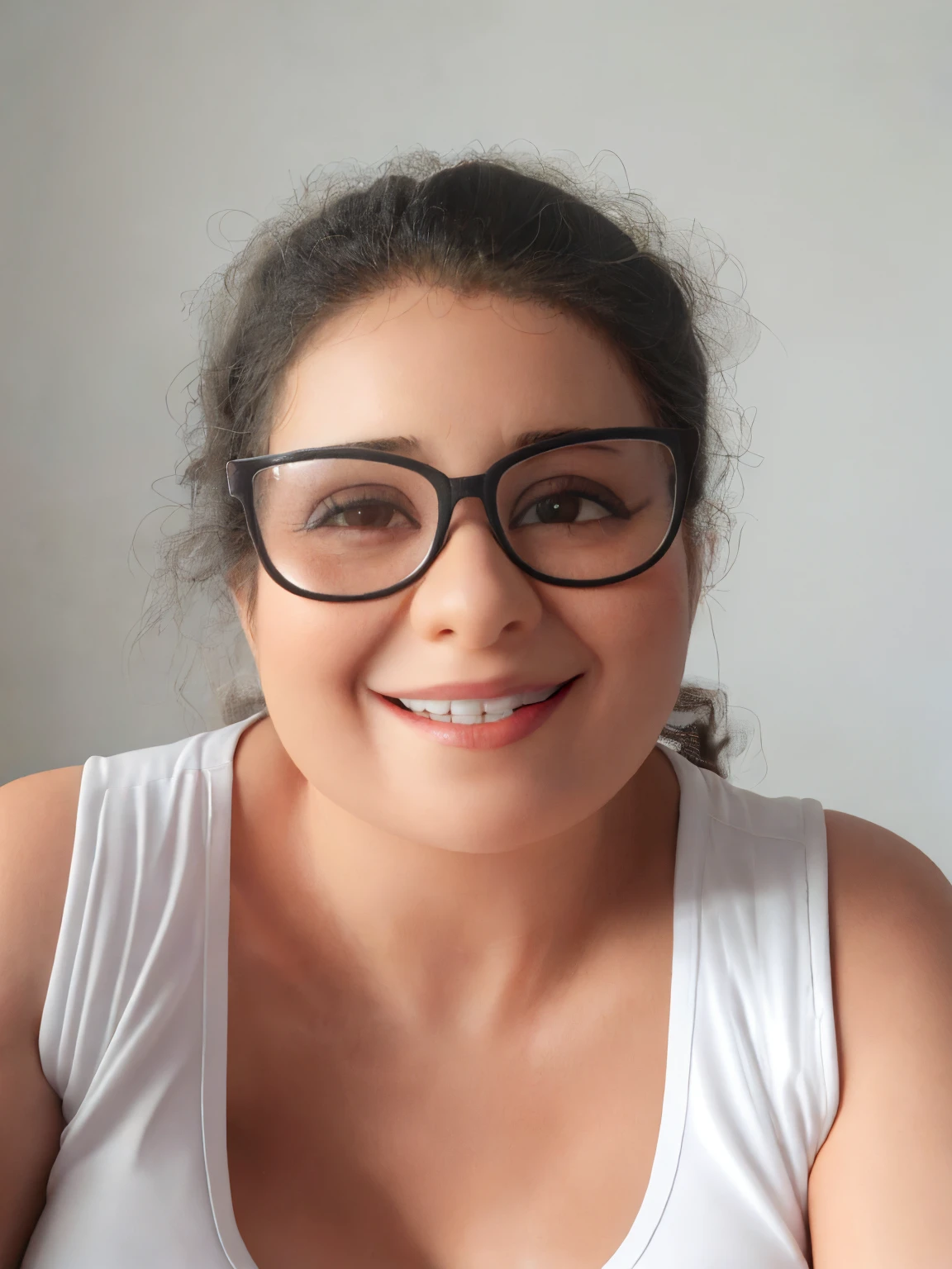 smiling woman with glasses and a white blouse sitting in front of a white wall, Malika Favre, Anos Imane, andrea rocha, 3 5 year brazilian mother, Mulher de 30 anos de Cuba, Alanis Guillen, inspirado em Maria Helena Vieira da Silva, Directed by: Nandor Soldier, fernanda suarez