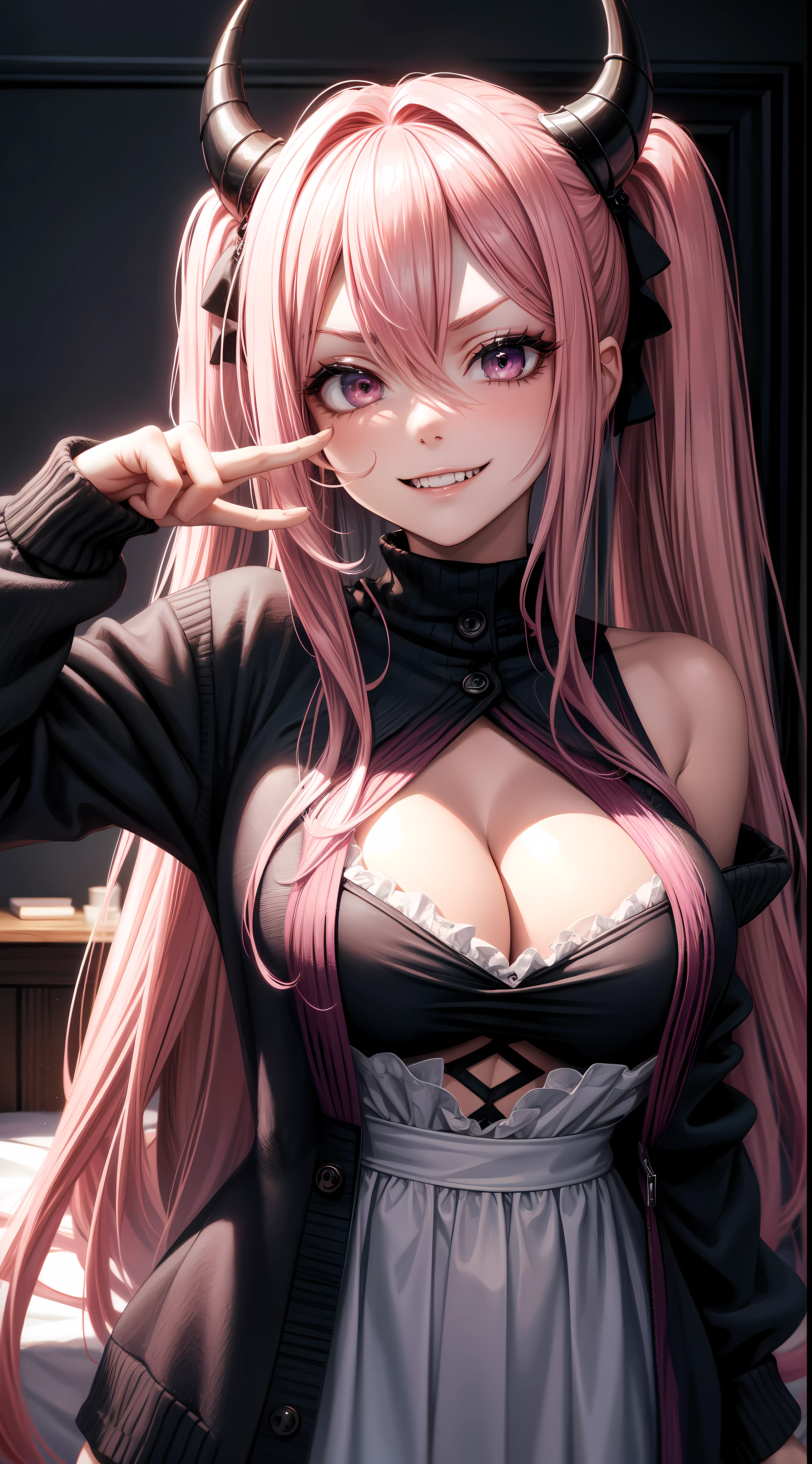 1girl, pink hair, long hair,  hd quality, 4k, 8k,,eyes, face, , evil, dark, face closeup, face, evil smirk, fangs,in a cute bedroom on the bed,und, face close up. dominant, dark, sideways, sideview, villain, hair clip,black horns, large breasts, twin tails, evilgrin, huge breasts, cardigan