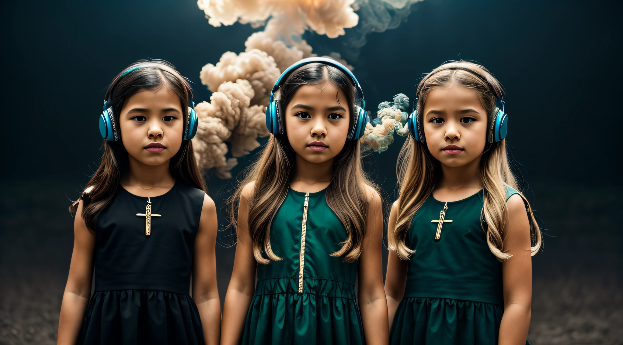 BLACK BACKGROUND AND CROSS, two girls KIDS BLONDE GOLD WITH LONG HAIR HEADPHONE and one wearing BLACK dress,, GREEN Smoke Billowing GREEN, portrait , faixa de cabelo AMARELO,