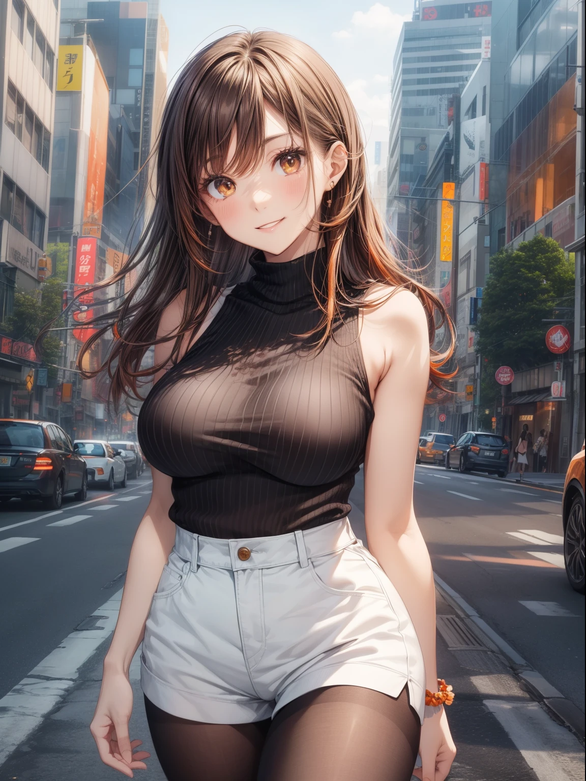top-quality、Full limbs、complete fingers、one beautiful women、Beautiful busty woman、Women with straight hair、brown haired woman、((Orange high neck sleeveless knit top))、White shorts、Black pantyhose、A big smile、Street Trees、Shibuya