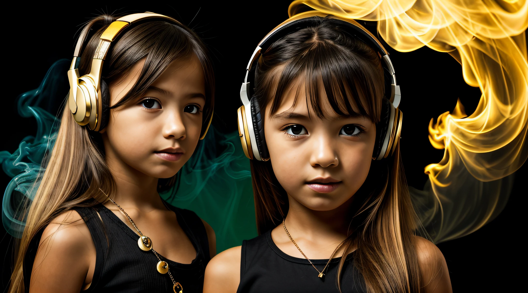 BLACK BACKGROUND AND CROSS, two girls KIDS BLONDE GOLD WITH LONG HAIR HEADPHONE and one wearing BLACK dress,, GREEN Smoke Billowing GREEN, portrait , faixa de cabelo AMARELO,