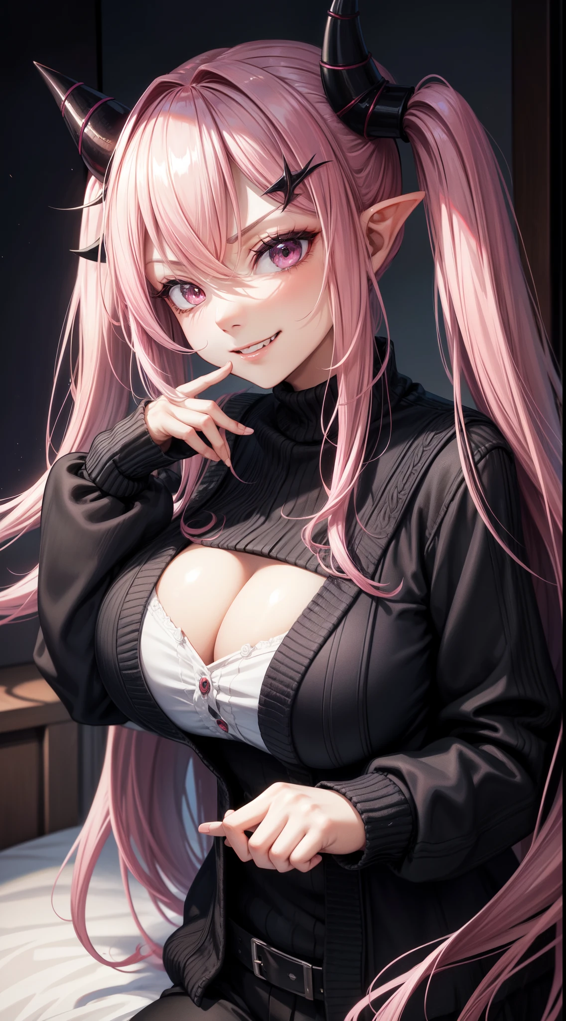 1girl, pink hair, long hair,  hd quality, 4k, 8k,,eyes, face, , evil, dark, face closeup, face, evil smirk, fangs,in a cute bedroom on the bed,und, face close up. dominant, dark, sideways, sideview, villain, hair clip,black horns, large breasts, twin tails, evilgrin, huge breasts, cardigan