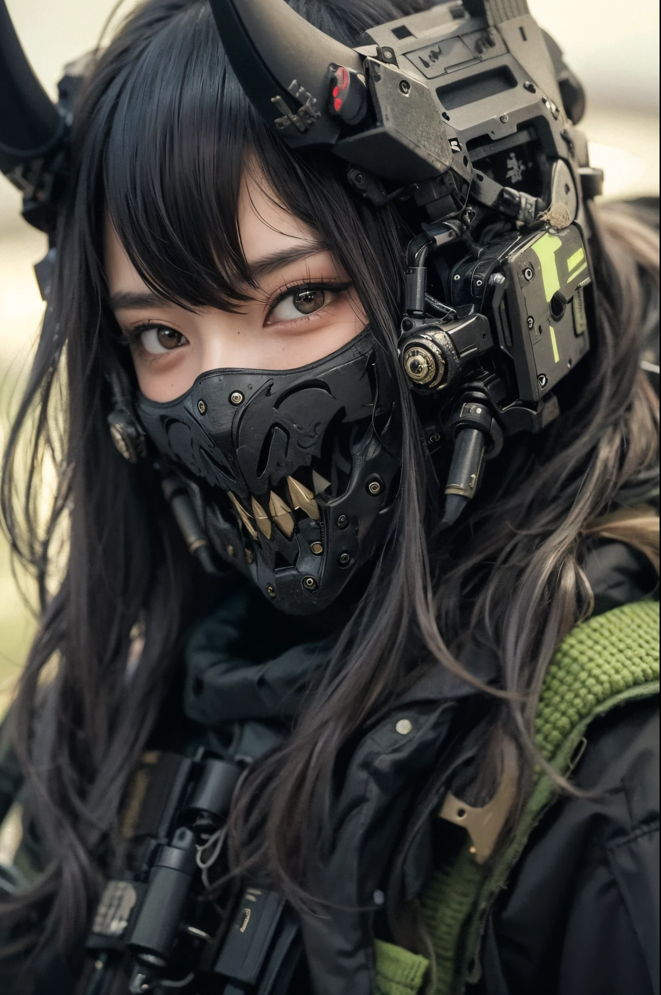 a  girl with brown eyes and black hair wearing a hannya mask that is black, and futuristic, military