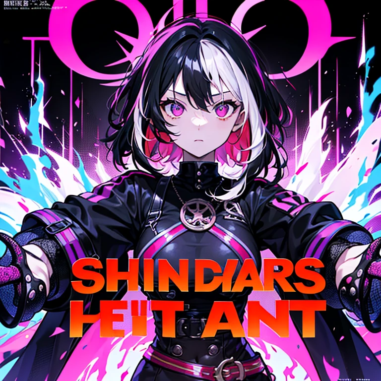 film poster featuring a woman as the central character. She stands confidently in the center of the poster, wearing a stylish and moode outfit, with a determined expression on her face. The background is dark and gritty, with a sense of danger and intensity. The color palette is mainly dark with splashes of vibrant colors, giving the poster a dynamic and visually striking appearance,tachi-e (magazine:1.3), (cover-style:1.3), fashionable, woman, vibrant, outfit, posing, front, colorful, dynamic, background, elements, confident, expression, holding, statement, accessory, majestic, coiled, around, touch, scene, text, cover, bold, attention-grabbing, title, stylish, font, catchy, headline, larger, striking, modern, trendy, focus, fashion,cute,army,guns,lighred, curly and shorthair,pink in the background ,