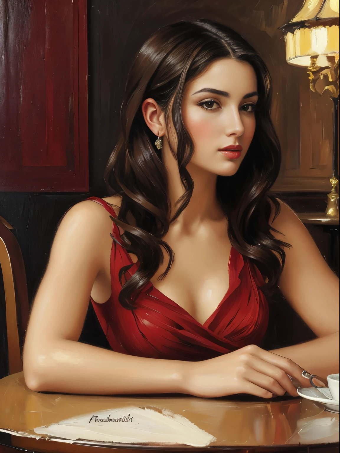 portrait, (oil painting 1,5), portrait of a young beautiful woman at a cafe table, oil portrait, woman in a red dress, dark hair, high hairstyle, very beautiful face, style painting Fabian Perez, Impressionist painting, style Konstantin Razumov