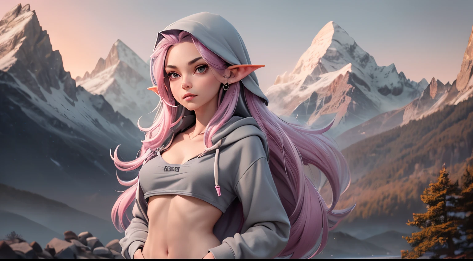 1girl, (((light-grey hoodie))), pink hair, cleavage, closed mouth, earrings, elf, flat, (((small chest))), (((flat chest))), ((((small breasts)))), ((((flat breasts)))), lips, lipstick, (((long hair))), looking at viewer, makeup, pointy ear, 8k, forest, (((mountains)))