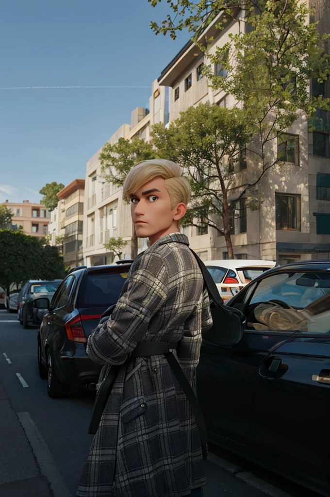 A man with a pattern jacket and a black back pack in his back. The shot is behind His back. He cross arms while looking infront of the shot. Cars in the background parking. He has a poker face. He has a blond hair with short bangs with a little bit of color black below.