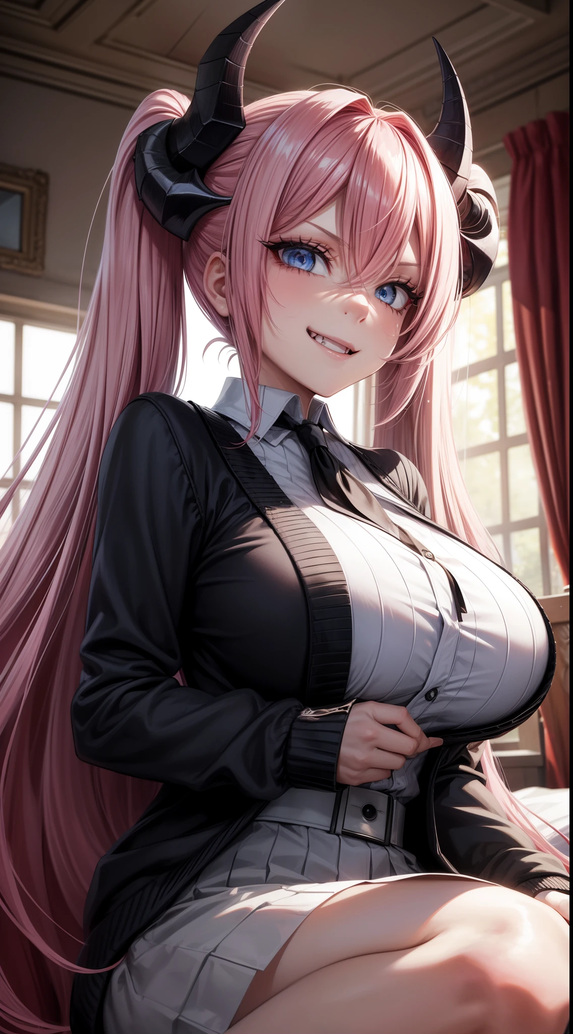 1girl, pink hair, long hair,  hd quality, 4k, 8k,,eyes, face, , evil, dark, face closeup, face, evil smirk, fangs,in a cute bedroom on the bed,und, face close up. dominant, dark, sideways, sideview, villain, hair clip,black horns, large breasts, twin tails, evilgrin, huge breasts, cardigan