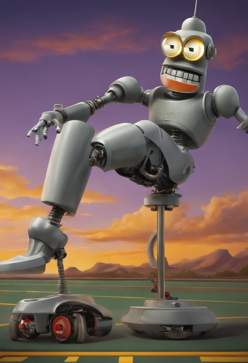 A photo of Bender at a robot dog racing track,Futurama,He often has a beer and cigar. Being that he is a robot, he doesn’t wear clothes. He is gray and made of simple geometric shapes. His arms are flexible tubes. His body has a "shiny metal ass", two legs, two "Extens-o-matic" arms (right called "Gropie" and left "Cheatie" by Bender) with three fingers each, a head with two replaceable eyes shaped like light-emitting diodes, and a mouth used for fuel intake and voice communication.