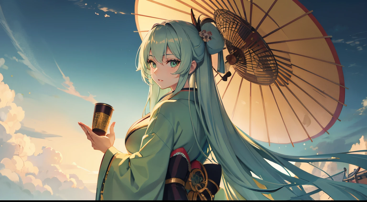 Highly detailed A Japanese style a beauty girl long blonde hair samurais pale green kimono Blue hair fastening Green eyes huge tit Japanese umbrellas Looks Back