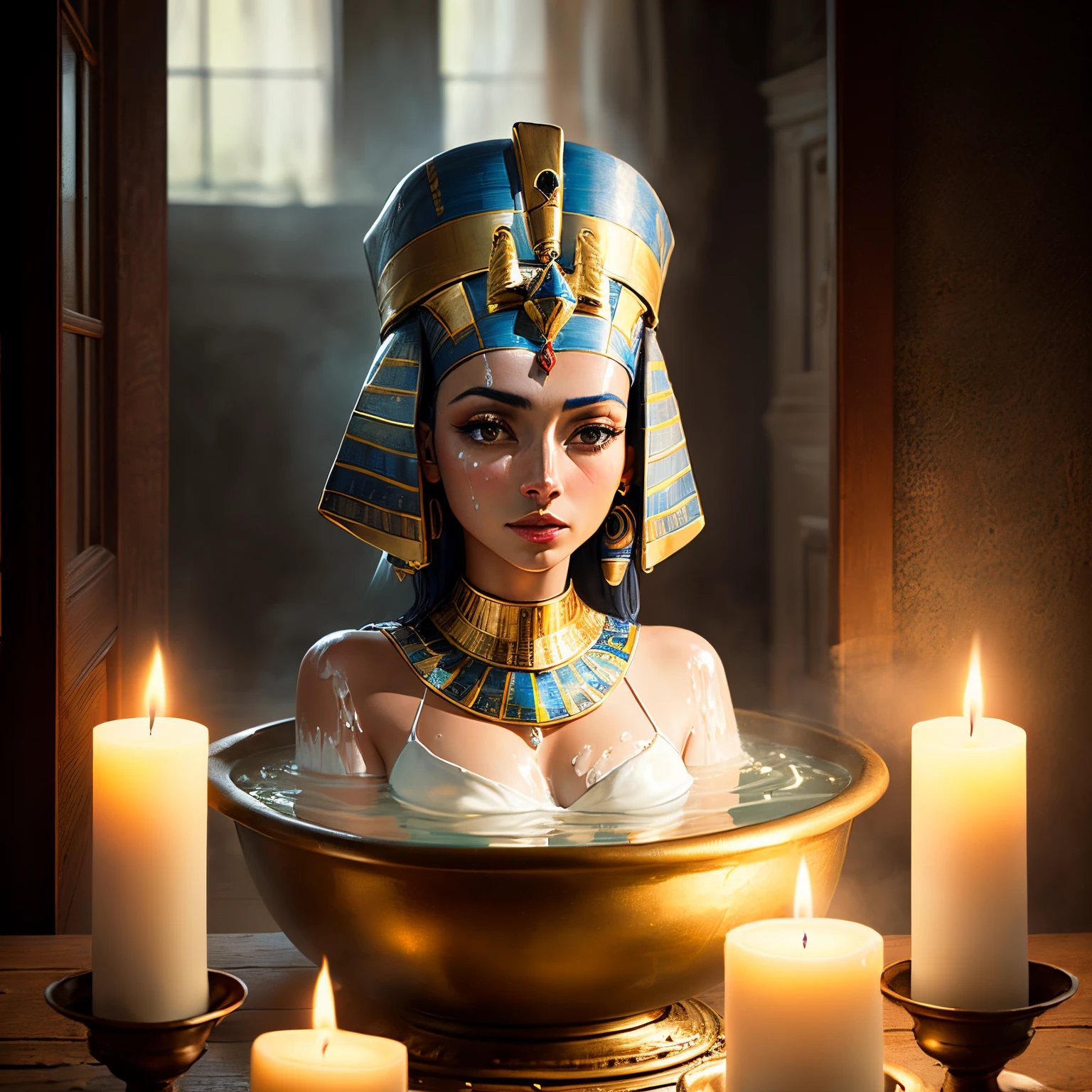 Nefertiti, bathing in milk, recostada, warm atmosphere,velas encendidas, hiperrealista, fine art, photographic quality.