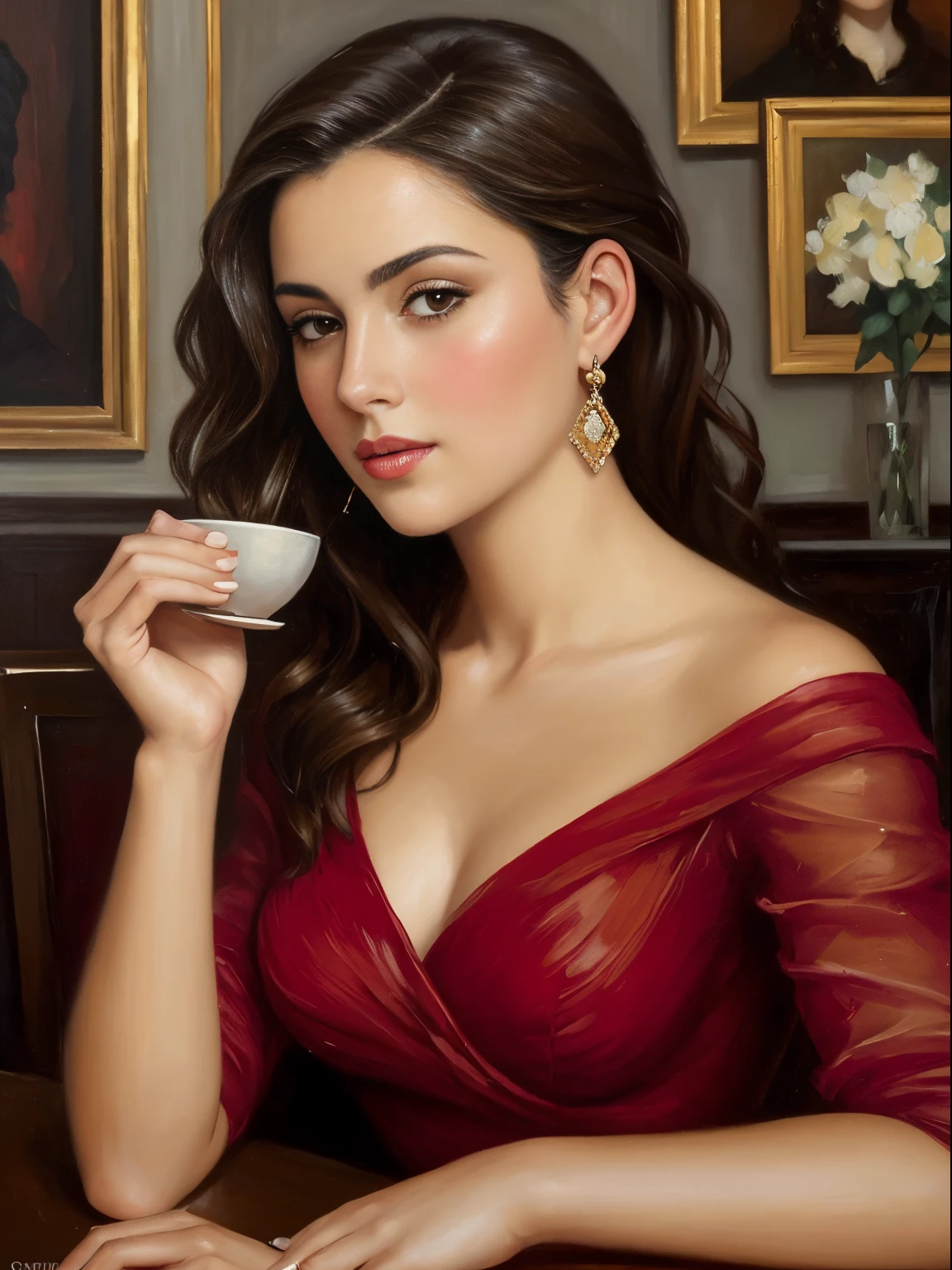 portrait, (oil painting 1,5), portrait of a young beautiful woman at a cafe table, oil portrait, woman in a red dress, dark hair, high hairstyle, very beautiful face, style painting Fabian Perez, Impressionist painting, style Konstantin Razumov
