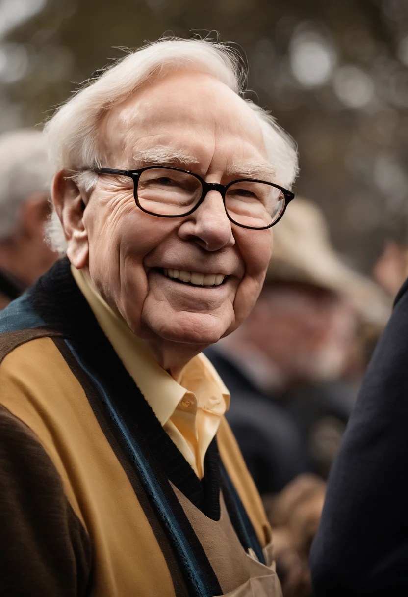 A photo of Warren Buffett attending a local charity event, serving food to the homeless,original,Warren Buffett, often referred to as the “Oracle of Omaha,” has a friendly, approachable appearance, typically seen in modest, practical attire that belies his status as one of the world’s wealthiest individuals. He has an unassuming demeanor, often seen with a gentle smile, and his elderly visage is marked by a warm, grandfatherly appeal.