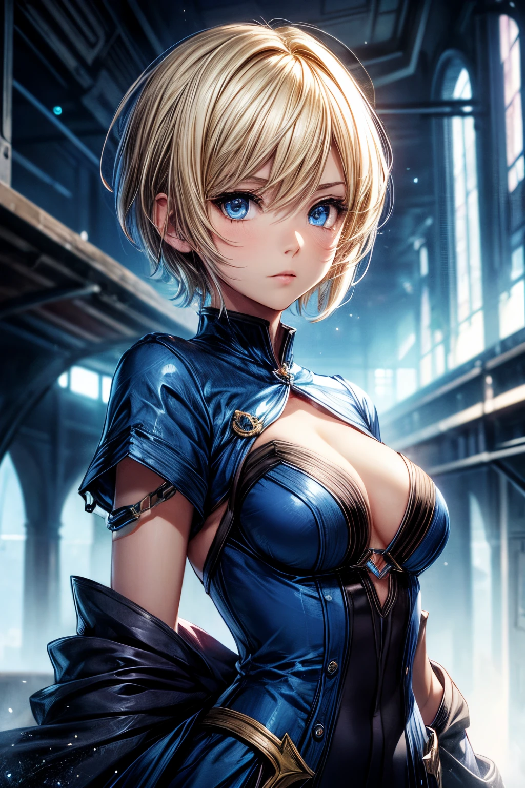 anime, young woman, solo, short hair, blonde hair, blue eyes, model, blue dress, beautiful, half body potrait, fantasy, ice