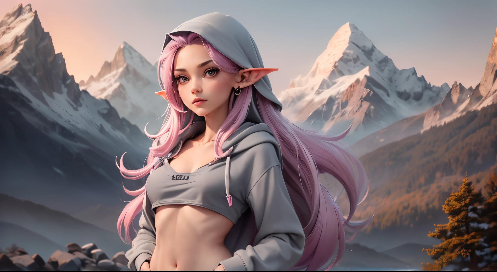 1girl, (((light-grey hoodie))), pink hair, cleavage, closed mouth, earrings, elf, flat, (((small chest))), (((flat chest))), ((((small breasts)))), ((((flat breasts)))), lips, lipstick, (((long hair))), looking at viewer, makeup, pointy ear, 8k, forest, (((mountains)))
