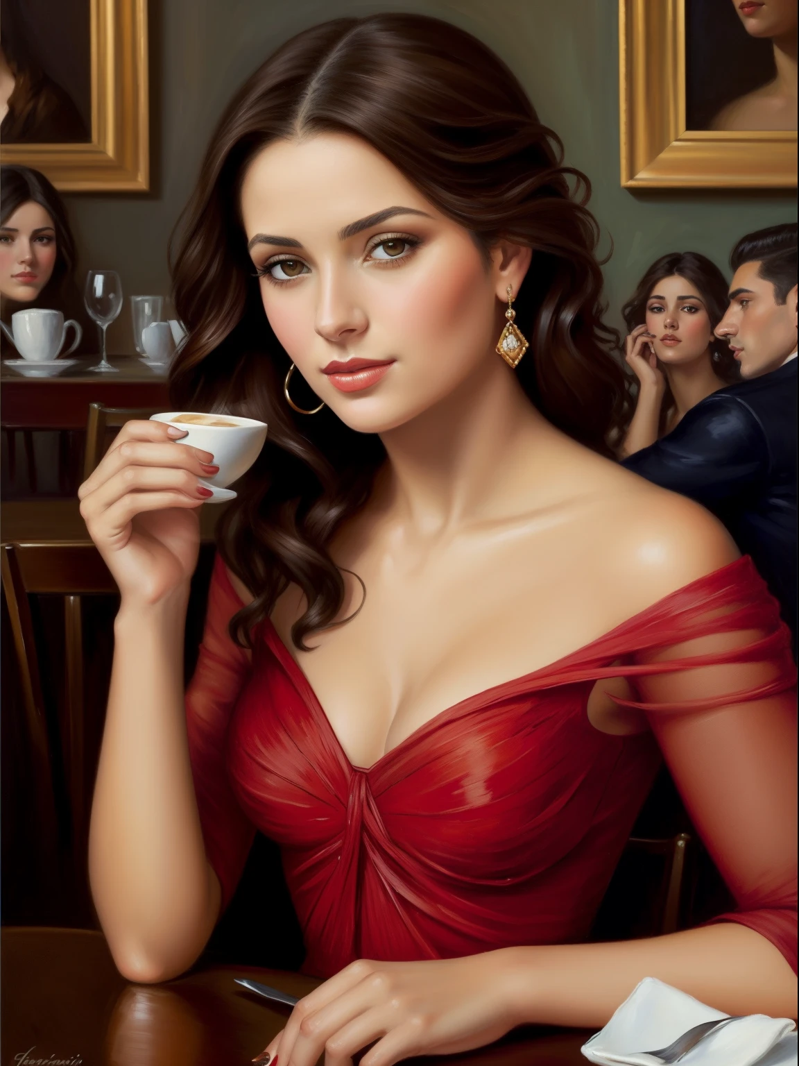 portrait, (oil painting 1,5), portrait of a young beautiful woman at a cafe table, oil portrait, woman in a red dress, dark hair, high hairstyle, very beautiful face, style painting Fabian Perez, Impressionist painting, style Konstantin Razumov