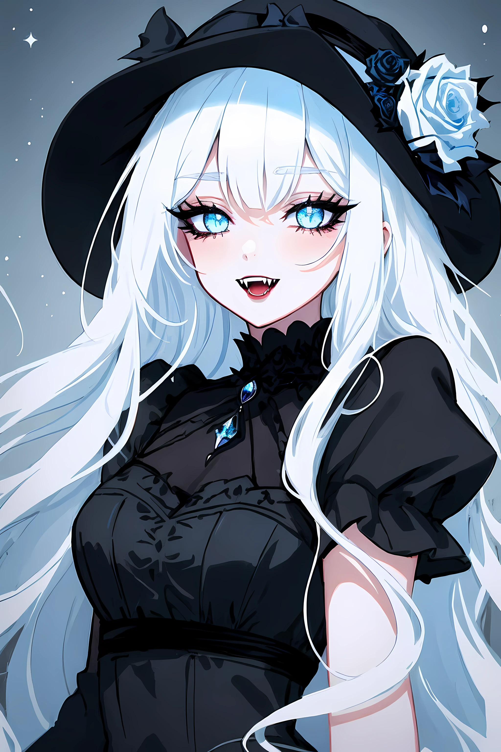 a Vampire Queen, long white hair, gothic style, roses in hair, dark black eyelashes, white glow irises, fangs, light blue dress, digital illustration, glitter