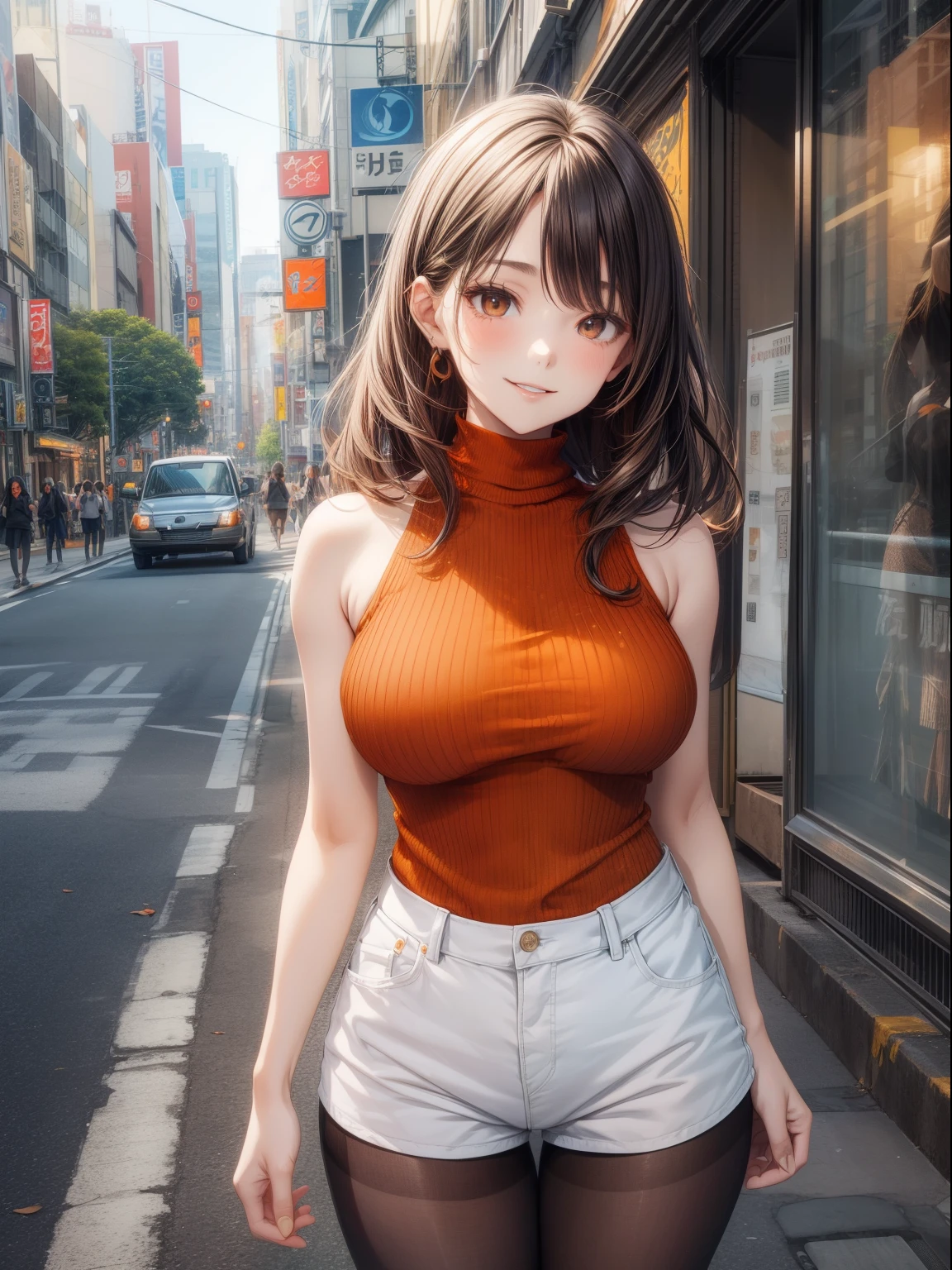 top-quality、Full limbs、complete fingers、one beautiful women、Beautiful busty woman、Women with straight hair、brown haired woman、((Orange high neck sleeveless knit top))、White shorts、Black pantyhose、A big smile、Street Trees、Shibuya、Naughty Poses