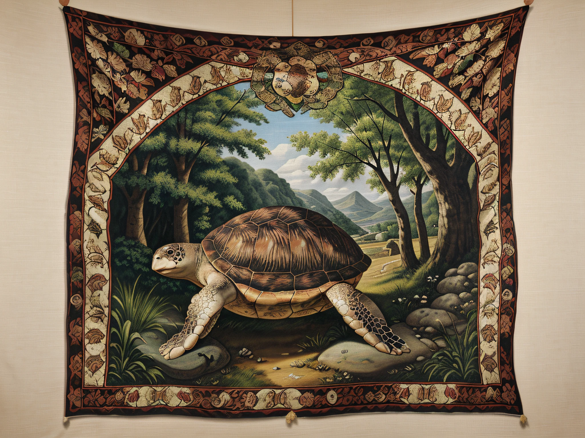 Tapestry with a picture of a turtle hanging on a stone wall, 14th century era
