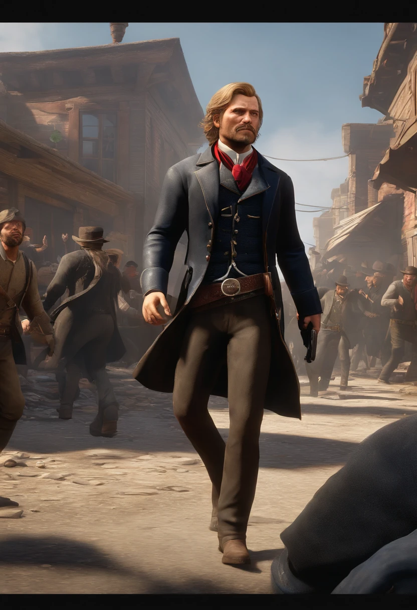 A photo of a crowded street, with people yelling and fighting. Trash cans are knocked over and there are broken bottles on the ground.,Red Dead Redemption 2,Micah has shoulder-length blond hair, along with a thick horseshoe mustache and side-whiskers. Micah is slightly portly and often wears an undone black leather coat, a red or black shirt accompanied by a red vest, a blue neckerchief, beige trousers, and a white hat.