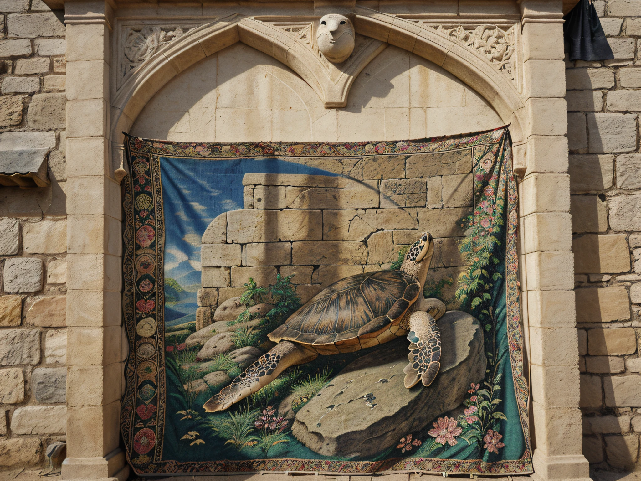 Tapestry with a picture of a turtle hanging on a stone wall, 14th century era