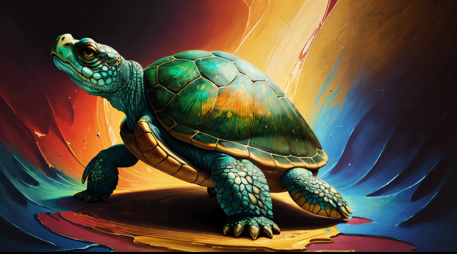 (Absurdres:1.2), exquisitely detailed, Turtle, impressionistic style, drip paint style, holographic