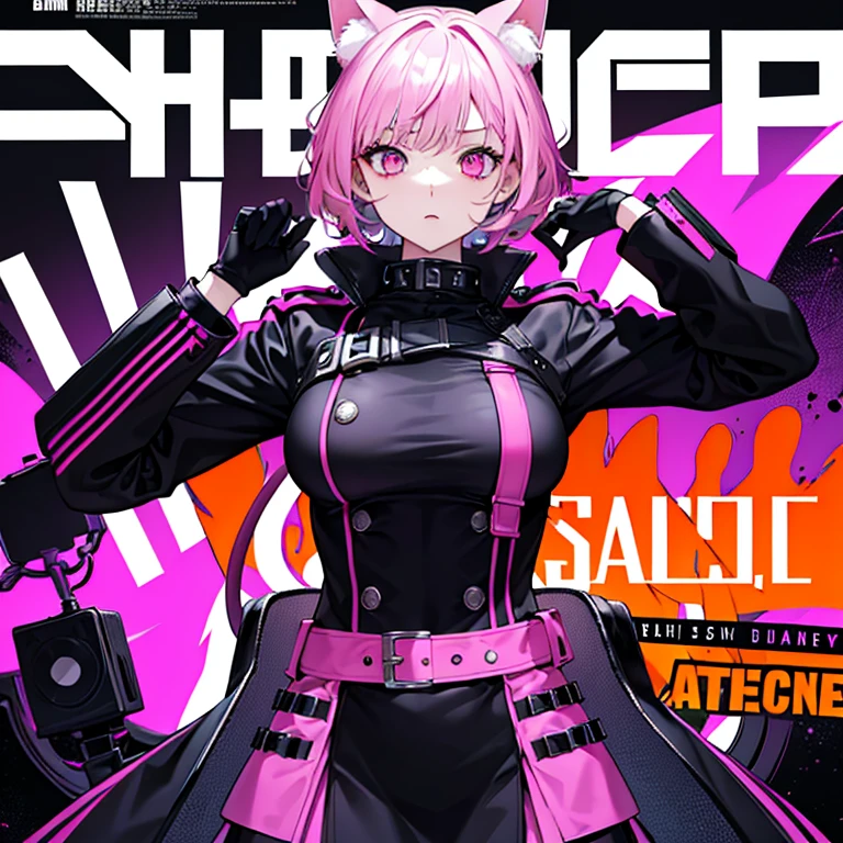 She stands confidently in the center of the poster, wearing a stylish and moode outfit, with a determined expression on her face. The background is dark and gritty, with a sense of danger and intensity. The color palette is mainly dark with splashes of vibrant colors, giving the poster a dynamic and visually striking appearance,tachi-e (magazine:1.3), (cover-style:1.3), fashionable, woman, vibrant, outfit, posing, front, colorful, dynamic, background, elements, confident, expression, holding, statement, accessory, majestic, coiled, around, touch, scene, text, cover, bold, attention-grabbing, title, stylish, font, catchy, headline, larger, striking, modern, trendy, focus, fashion,cute,army,guns,lighred, curly and shorthair,pink in the background , cat ears , accessories like gluck ,