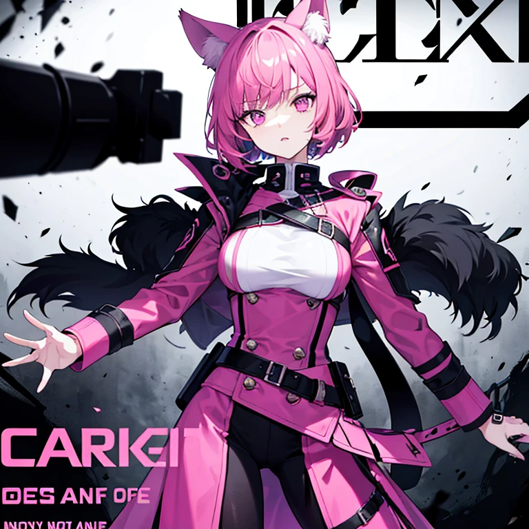 She stands confidently in the center of the poster, wearing a stylish and moode outfit, with a determined expression on her face. The background is dark and gritty, with a sense of danger and intensity. The color palette is mainly dark with splashes of vibrant colors, giving the poster a dynamic and visually striking appearance,tachi-e (magazine:1.3), (cover-style:1.3), fashionable, woman, vibrant, outfit, posing, front, colorful, dynamic, background, elements, confident, expression, holding, statement, accessory, majestic, coiled, around, touch, scene, text, cover, bold, attention-grabbing, title, stylish, font, catchy, headline, larger, striking, modern, trendy, focus, fashion,cute,army,guns,lighred, curly and shorthair,pink in the background , cat ears , accessories like gluck ,