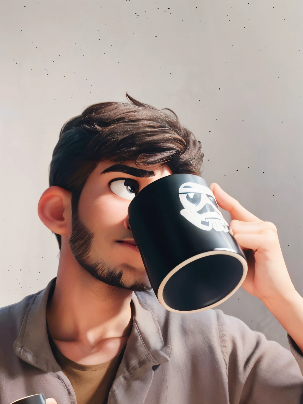 Handsome young boy with little bit of beard Holding a black Teacup And drinking a coffee. Wearing a brown colour shirt. White background, Brown colour shirt. A black tea cup with Star Wars storm trooper sticker on it. High resolution photo Disney Pixar Cartoon effect.  boy, star wars strom trooper mug