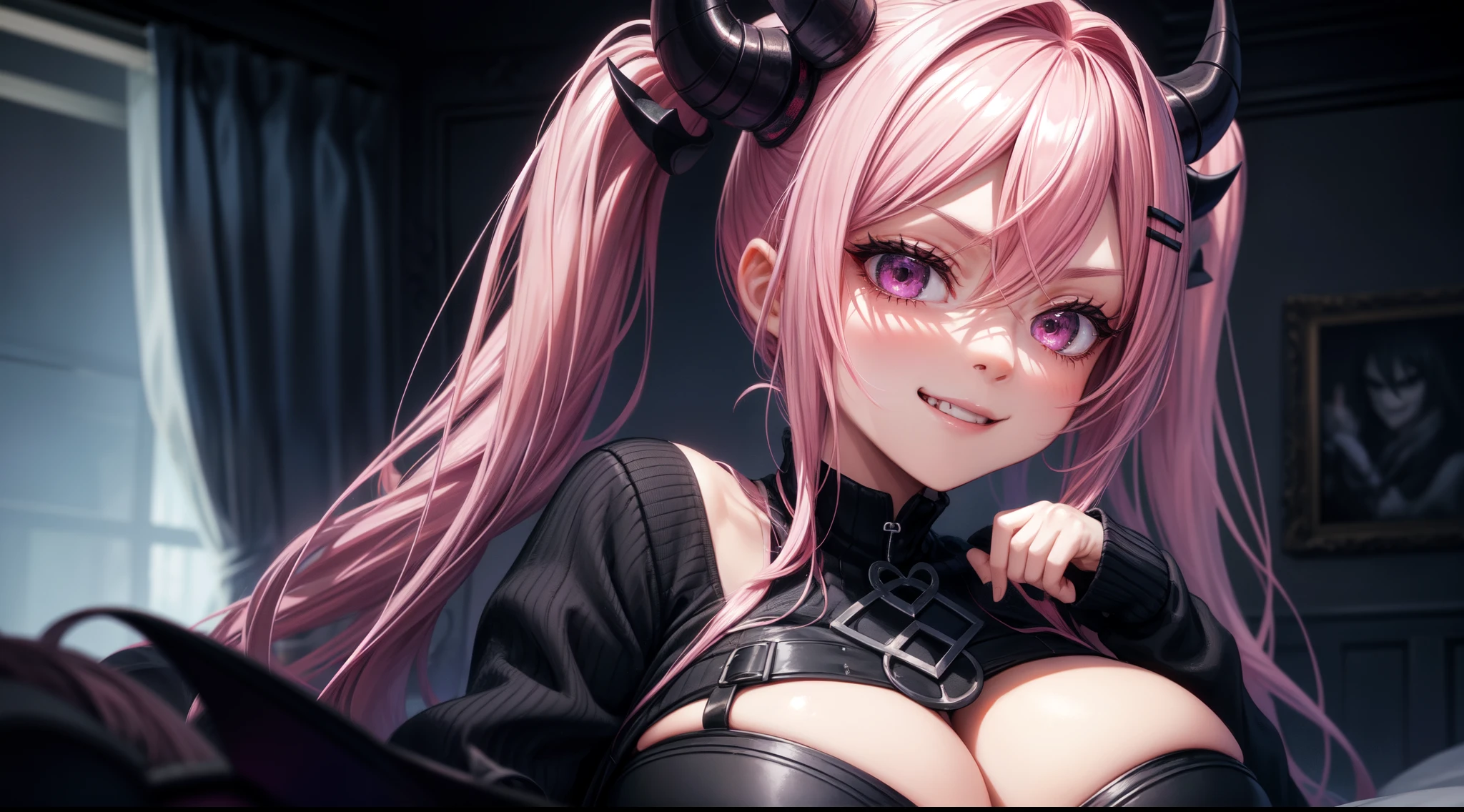 1girl, pink hair, long hair, hd quality, 4k, 8k,,eyes, face, , evil, dark, face closeup, face, evil smirk, fangs,in a cute bedroom on the bed,und, face close up. dominant, dark, sideways, sideview, villain, hair clip,black horns, large breasts, twin tails, evilgrin, huge breasts, cardigan