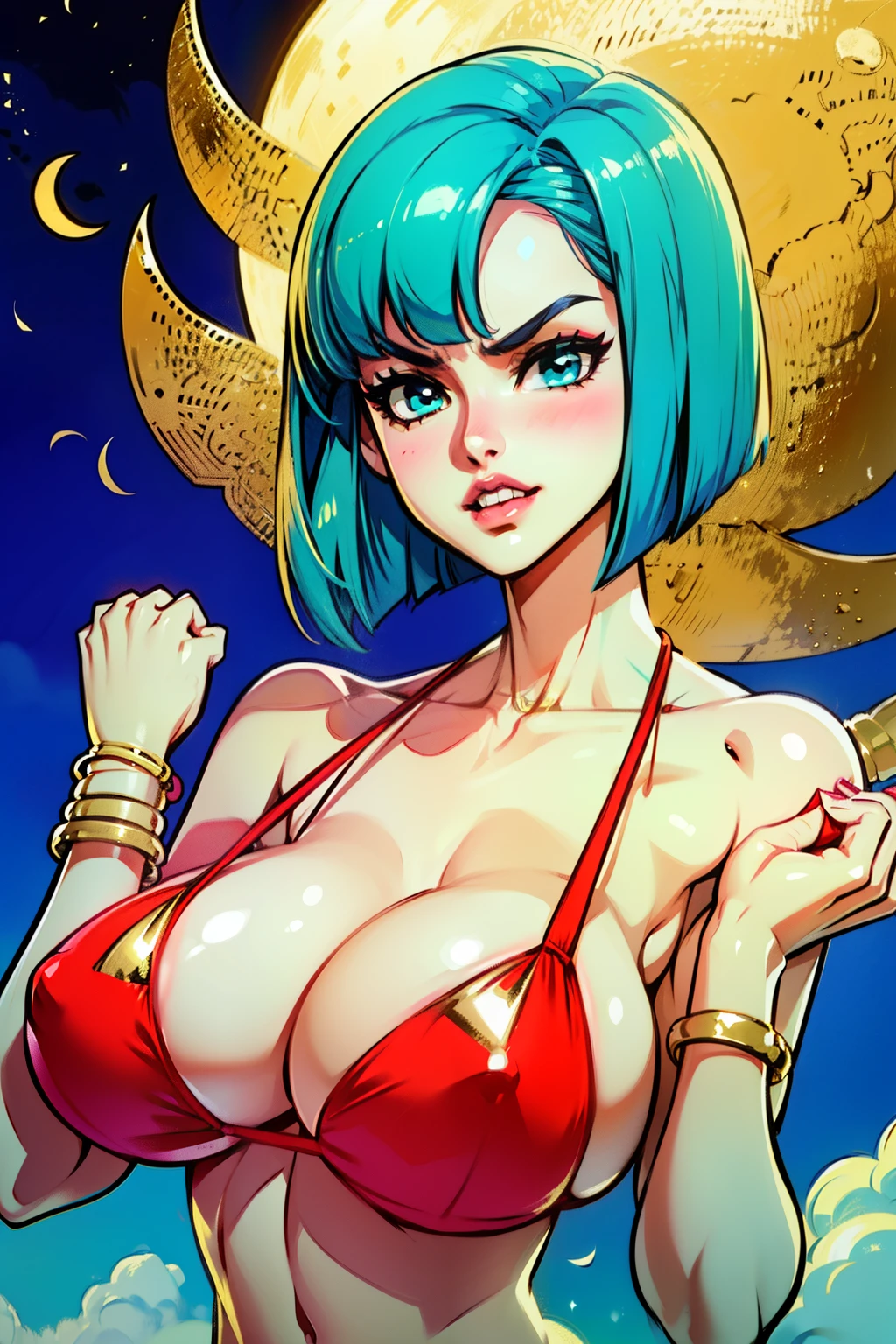 Waifu, masterpiece, curvy, breasts, moon, full moon, gloves, 1girl, clenched teeth, bulma, cleavage, large breasts, teeth, ((aqua hair)), ((red bikini:1.3)), blue eyes, rating:explicit,rule34, hardcore, tits,clenched hands, night, sky, ((golden bangles:1.4)), (white skin:1.5), bare shoulders, blue hair, clenched hand, rating:questionable, ((long bob:1.5)), belt, solo, angry, lip biting(gigantic and massive tits:1.1), breasts, official illustration, illustration, detailed face, beautiful intricate eyes, curvy milf, 1:2), titsnipples