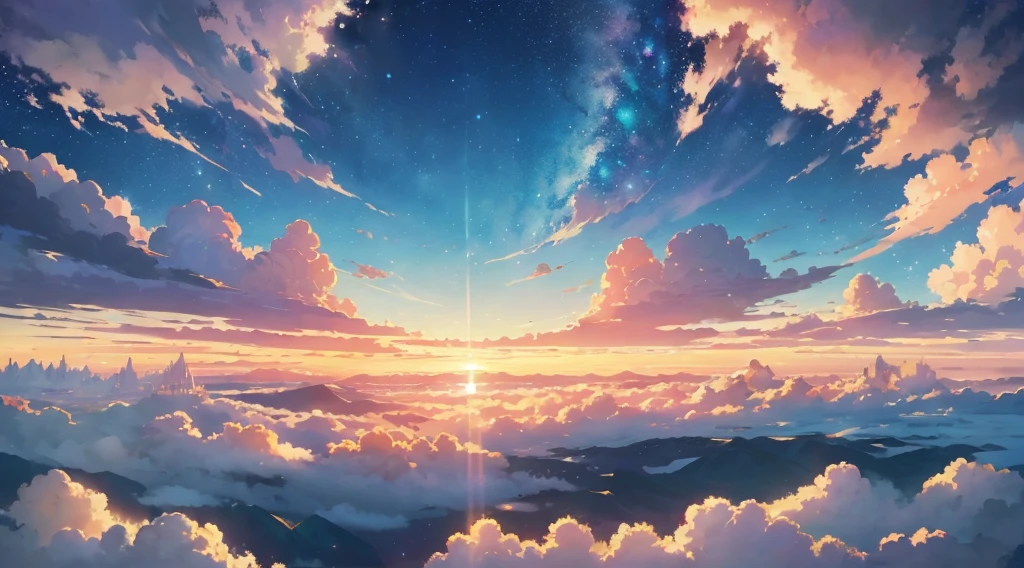 (melhor qualidade),(tmasterpiece),(Ultra - Detalhado),(alto detalhe),(The is very detailed),O assunto:Anime Sky Dreamland meio:Digital illustration or traditional painting。 resolution:4000x2000 pixels。 Paleta de cores:Pastel tones mix with vibrant tones。 sentimento:magica、ethereal、peacful。 compositing:wide sky,ilhas flutuantes,Fancy clouds and other fantastical elements。 Iluminando:soft and diffuse lighting,Emite um brilho dourado quente。 Estilo:estilo de anime,Com um toque de fantasia e surrealismo。 O detalhe:Incluindo meteoros、Nebulosa colorida、Elementos como nuvens fofas e criaturas misteriosas。 inspiration:Mundo de fantasia de anime、Studio Ghibli Filme、Arte surreal e imagens celestiais。 Camera settings:nada(Because it is a digital illustration)。 Notas adicionais:Emphasize the vastness and beauty of the sky, Creating a sense of depth and space。Experience various cloud formations and shapes,De nuvens cumulus fofas a nuvens cirrus esbeltas。Combined with satellites、Celestial elements such as stars and galaxies,to enhance the fantastic atmosphere。Use soft strokes and blending techniques,Create a perfect, ethereal look。Use lighting effects,Como luz solar suave ou esferas brilhantes,Add a magic touch。Consider adding fancy creatures like wyverns or floating jellyfish,Bring a sense of wonder to the scene。Don't be afraid to let your imagination fly,Create a fantasy world that captures the essence of anime fantasy。