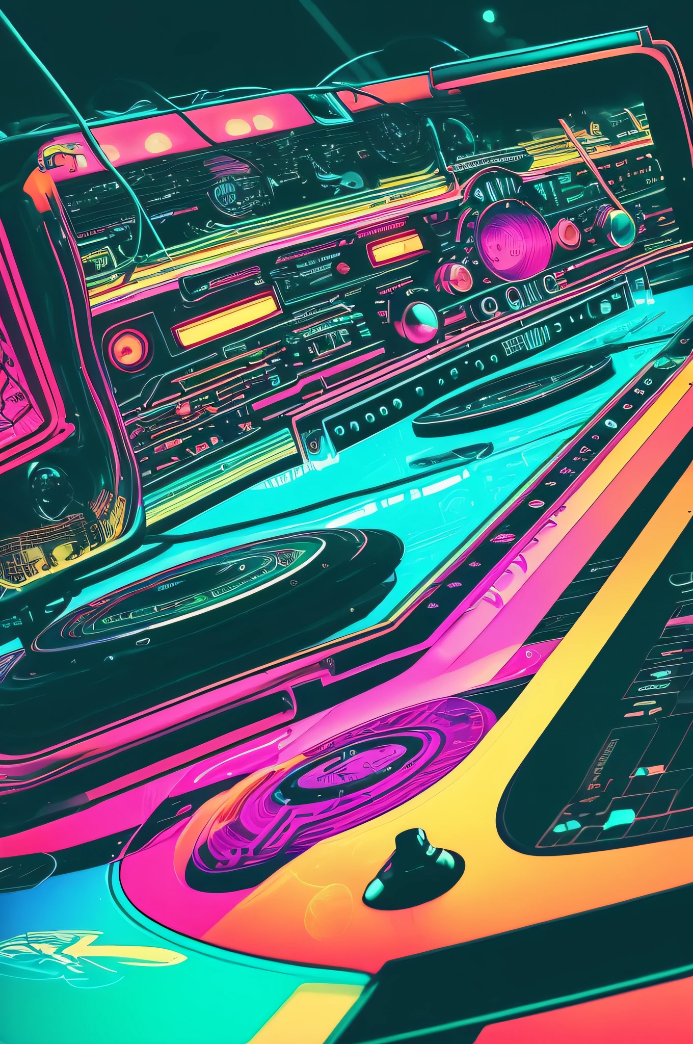 (best quality,4k,8k,highres,masterpiece:1.2),ultra-detailed,(realistic,photorealistic,photo-realistic:1.37),80s,retro,neon,vintage,antique,glow,vinyl,old-school,blast from the past,nostalgia,colorful,music,turntable,record player,detailed buttons,shiny surface,neon lights,reflection,classic tunes,atmospheric,memories,funky vibes,electronic beats,stylized,cool,rad,unique,ambient,retro-futuristic,groovy,stylish,dark background,vibrant colors,smooth curves,soft glow,pulsating lights.