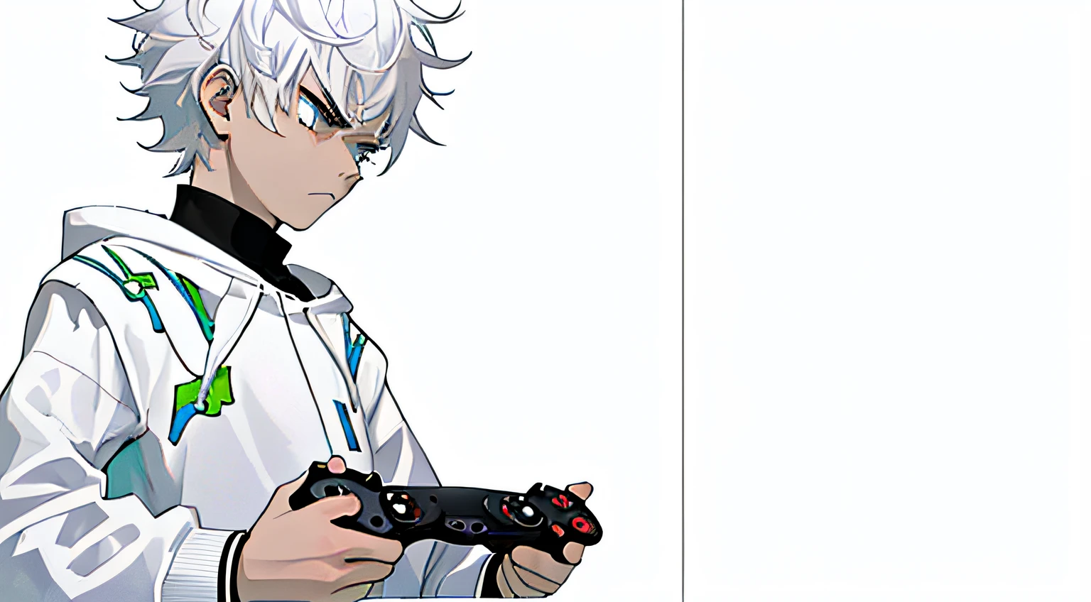 a boy holding a controller with his two hands , a mad serious face with full concentration , white background and colorful character , white hair and some black line