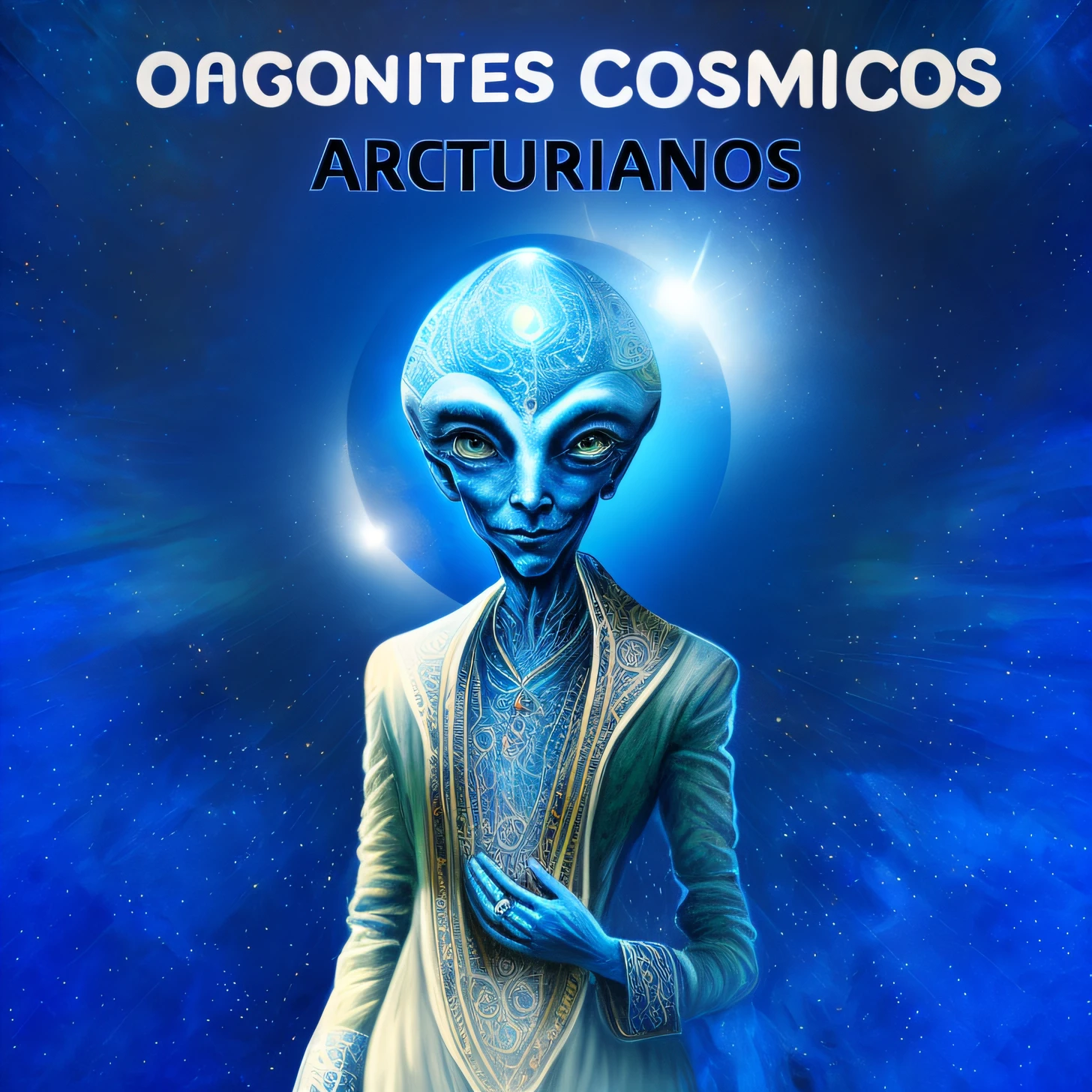there is a blue alien with a white dress and a necklace, Cosmic artifacts, esta sorrindo, olho azul cosmico, Extraterrestres, cosmic ambient, Universo Psychonaut, by Germán Londoño, Directed by: Juan Fernando Cobo, Directed by: Joaquin Torres Garcia