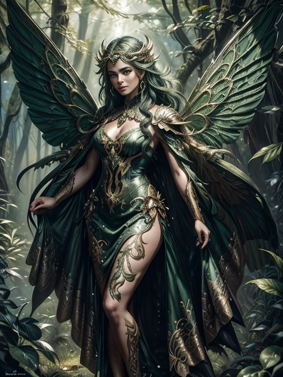 painting of a fairy with magnificent, large wings in a forest, smiling, wearing a flowing green micro dress, sensual digital painting, piece of master, full body, by chunie, by darkgem:0.8, Detailed background, ((full body)), 35mm LanceMen lens, Luthien, ((a stunning portrait of a God)), Frank Kelly Freas, Karol Bak style, ((gorgeous face)), Ultra Definition, best quality, 32k ultra |, Ultra HD |