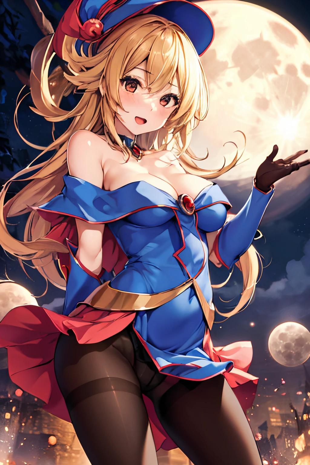 1 girl,masutepiece, Best Quality, hight resolution, Wizard Hat, , Bare shoulders, Dress, off shoulders,fullmoon、((pantyhos