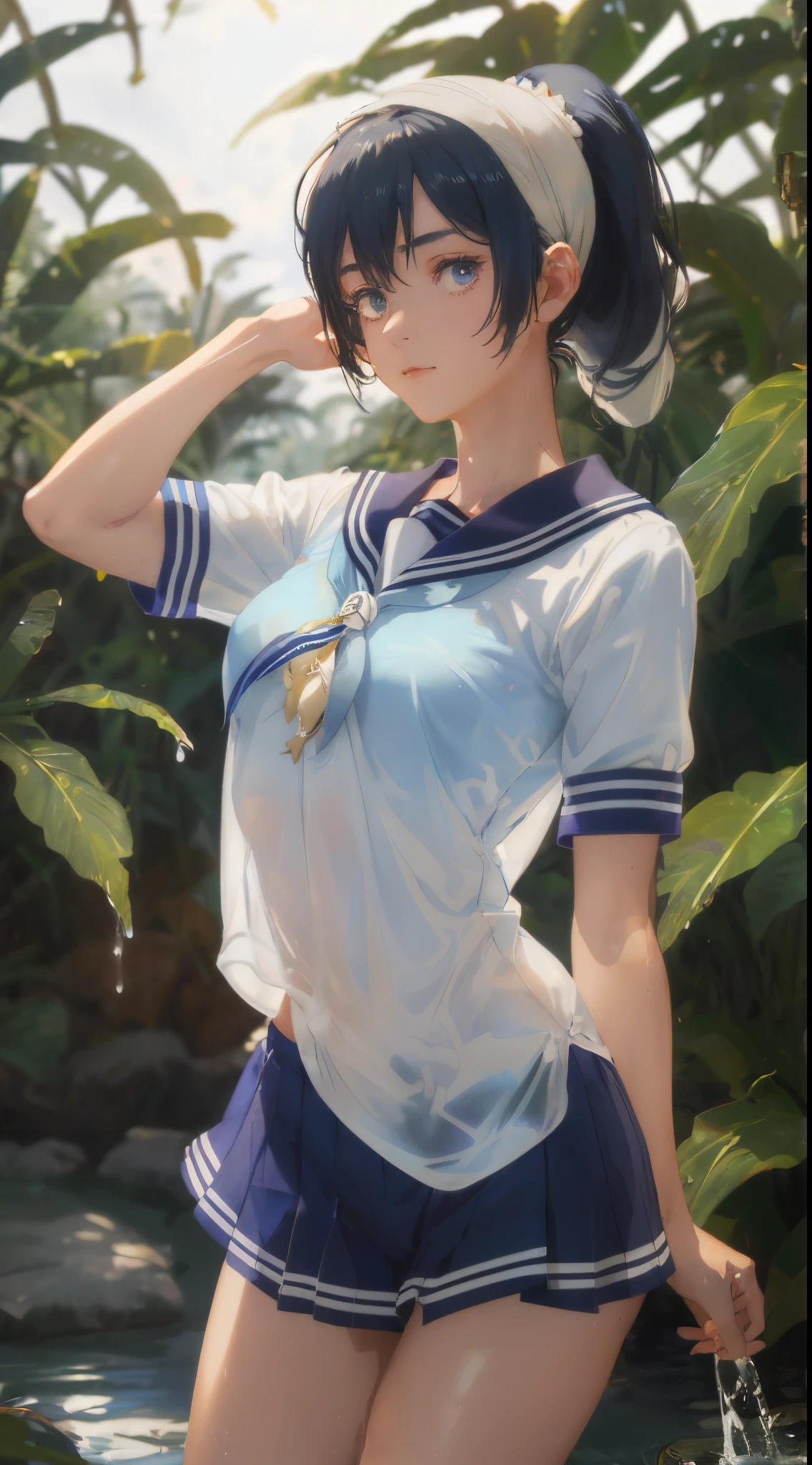 Cornflower art, dreamy, (masterpiece, top quality, perfect anatomy, beautiful face, realistic, super detailed, 1 girl, 18 ears senile, solo, depth of field, canon 24mm lens, f1.4, cute_girl, sailor_ collar, clear facial features, short sleeves, small breasts, slender stature, height 170, barefoot, double ponytail, bangs, gravure pose, outdoor, jungle, Blurred background, (Uwabaki: 1.1576)) Drenched all over, clear liquid dripping from the crotch, the front of the shirt is exposed, the breasts are visible, transparent bra, light blue striped buns,