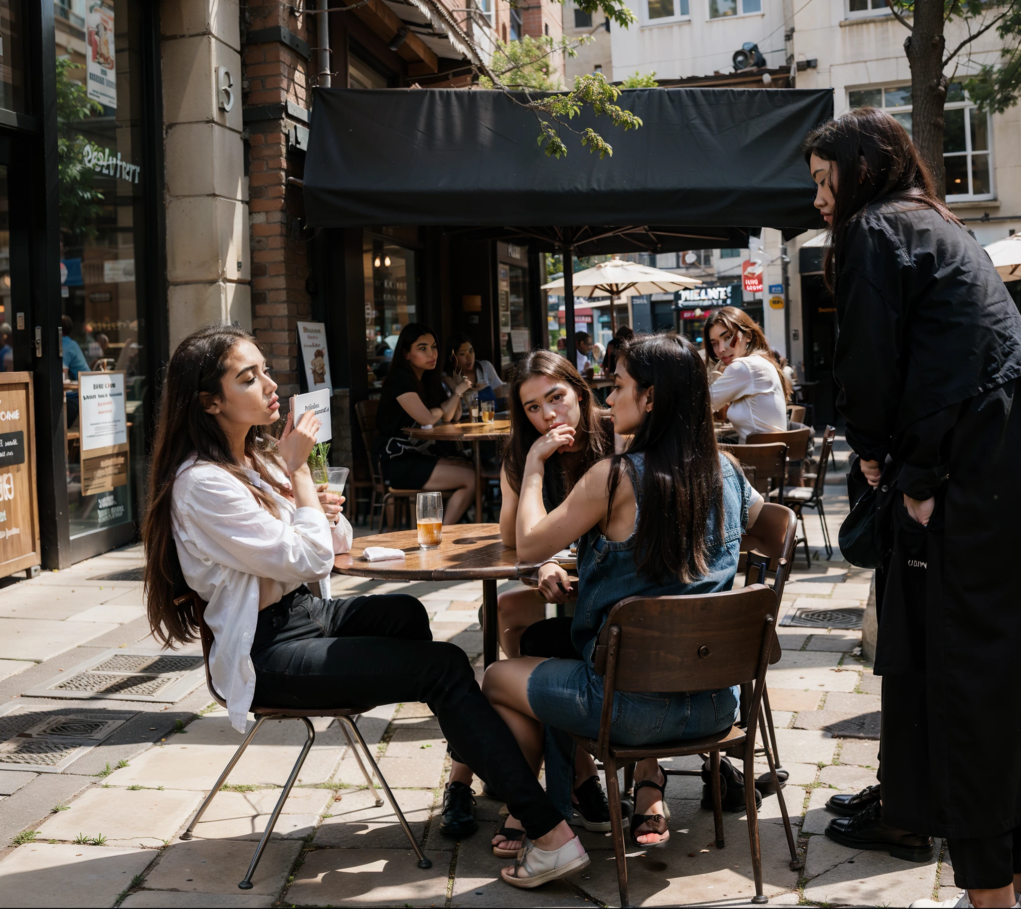 2 women sitting at a table outside a restaurant,structurally correct