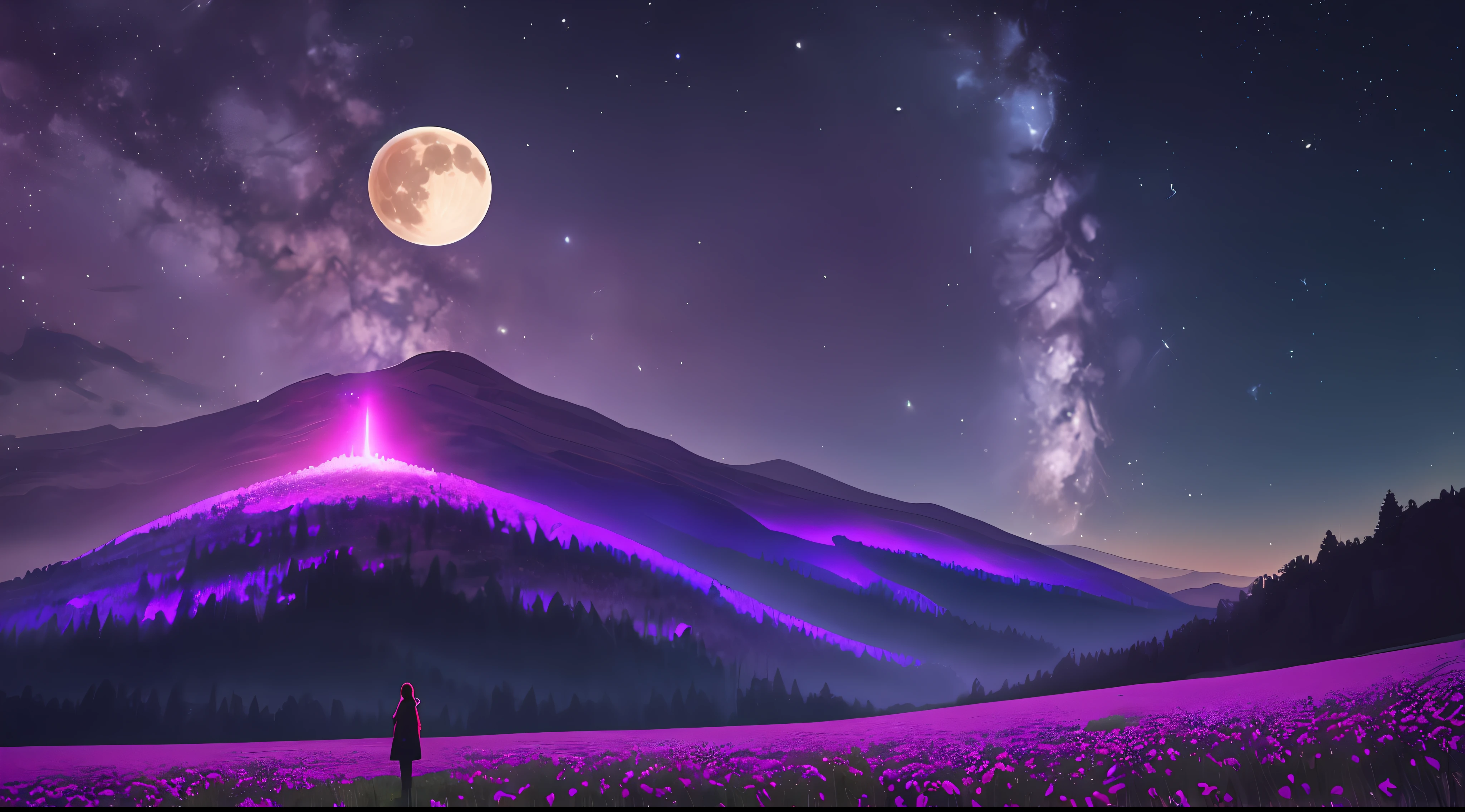 ((Best Quality)), ((Masterpiece)), Vast Landscape Photo, (From below, the sky above and the open field below), a girl standing on a flower field looking up, (Full Moon: 1.2), (Meteor: 0.9), (Nebula: 1.3), Far Mountains, Trees BREAK Making Art, (Warm Light Source: 1.2), (Firefly: 1.2), Lamps, Lots of Purple and Orange, Intricate Detailing, Volumetric Lighting, Realism BREAK (Masterpiece: 1.2), (Best Quality), 4K, Ultra-Detailed, (Dynamic Composition: 1.4), Very Detailed, Rich Detail, (Iridescent Colors: 1.2), (Glow, Atmospheric Lighting), Dreamy, Magical, (Solo: 1.2), Depth of Field, Maximum Sharpness and Clarity, Perfect Proportions,